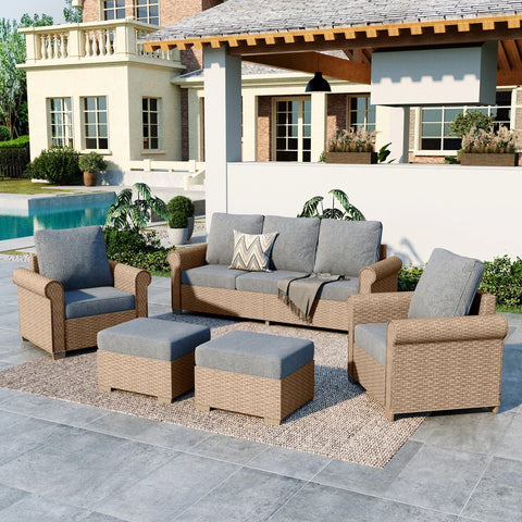 Grey 5-seat wicker outdoor furniture sofa set with ottoman