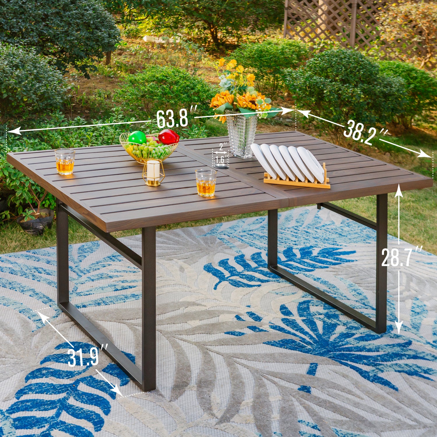 PHI VILLA 7-Piece Patio Dining Sets Wood-grain Pattern U-shaped-leg Table & Textilene Swivel Chairs