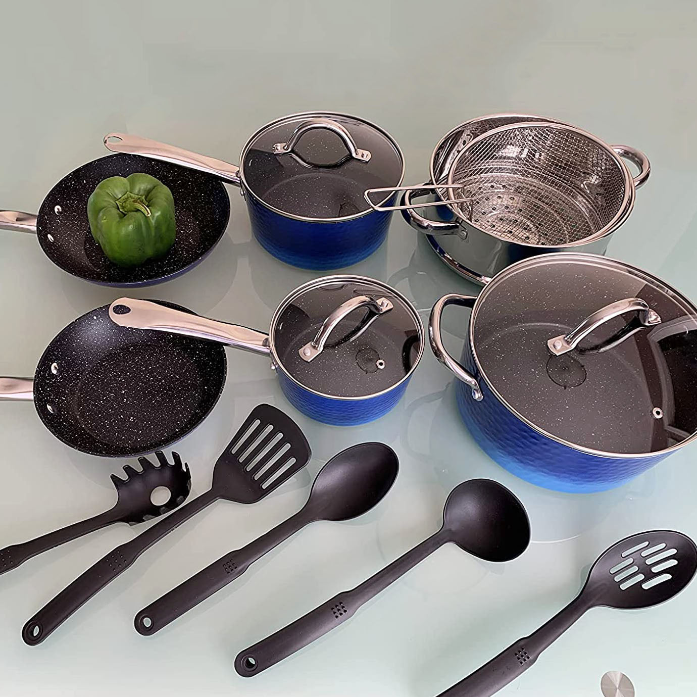 Kitchen Academy Induction Cookware Sets - 15 Pcs Black Hammered Cooking  Pans Set, Healthy Granite Nonstick Pots and Pans Set
