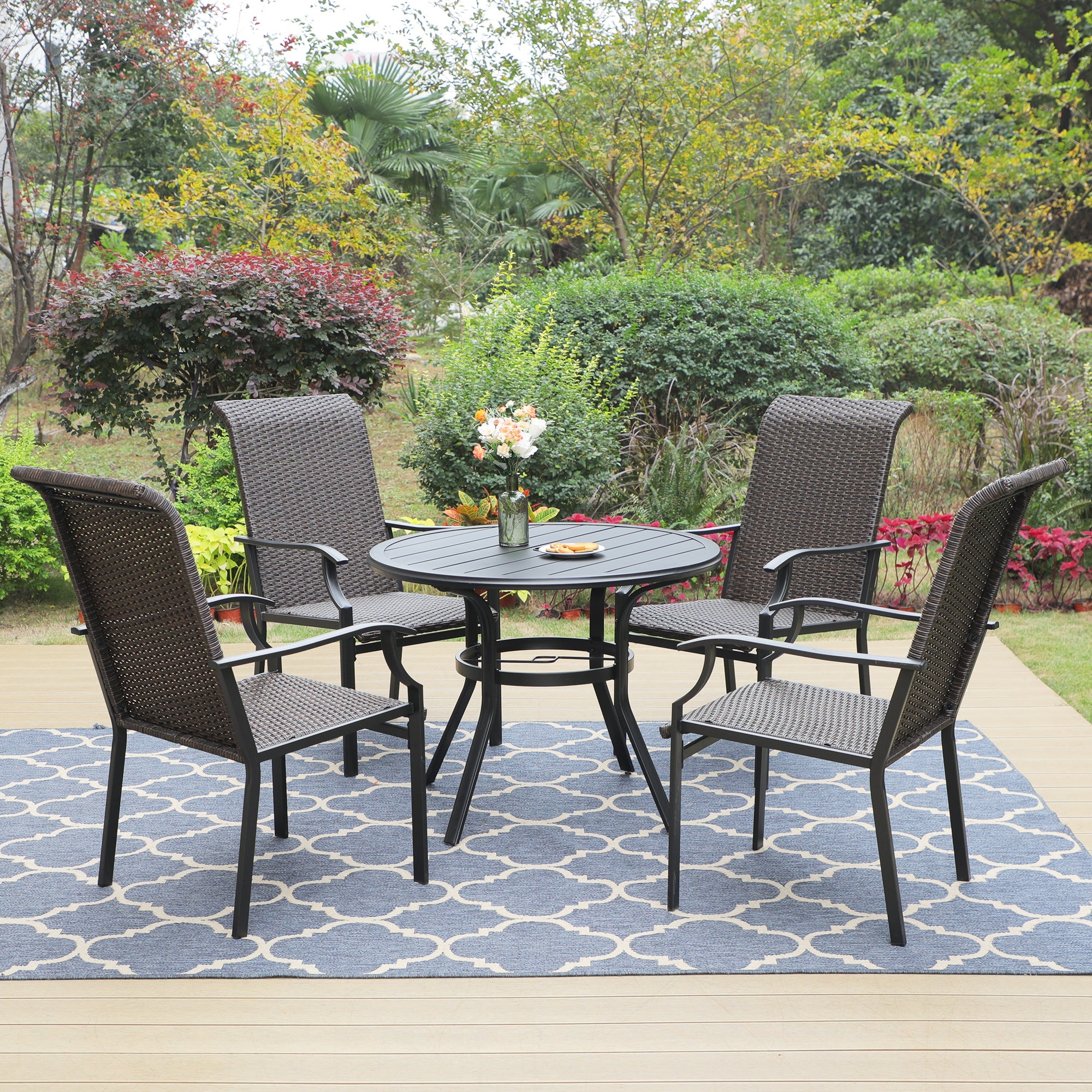 PHI VILLA 5-Piece Rattan Dining Chairs & Steel Round Table Outdoor Dining Set