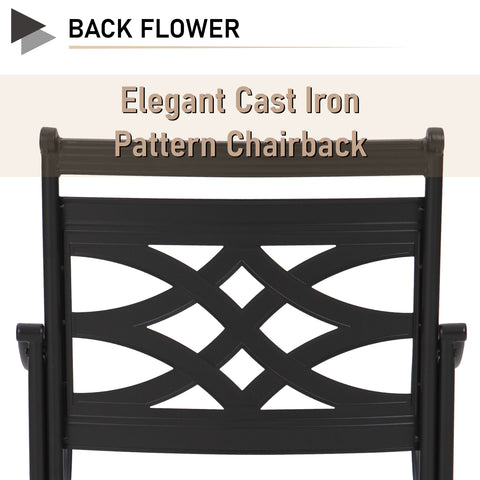 MFSTUDIO 5-Piece Outdoor Dining Set Wood-look Square Table & Elegant Cast Iron Pattern Dining Chairs