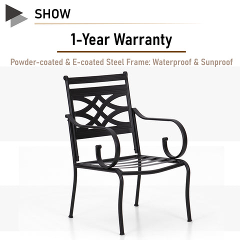 MFSTUDIO 5-Piece Outdoor Dining Set Wood-look Gas Fire Pit Table & Elegant Cast Iron Pattern Dining Chairs