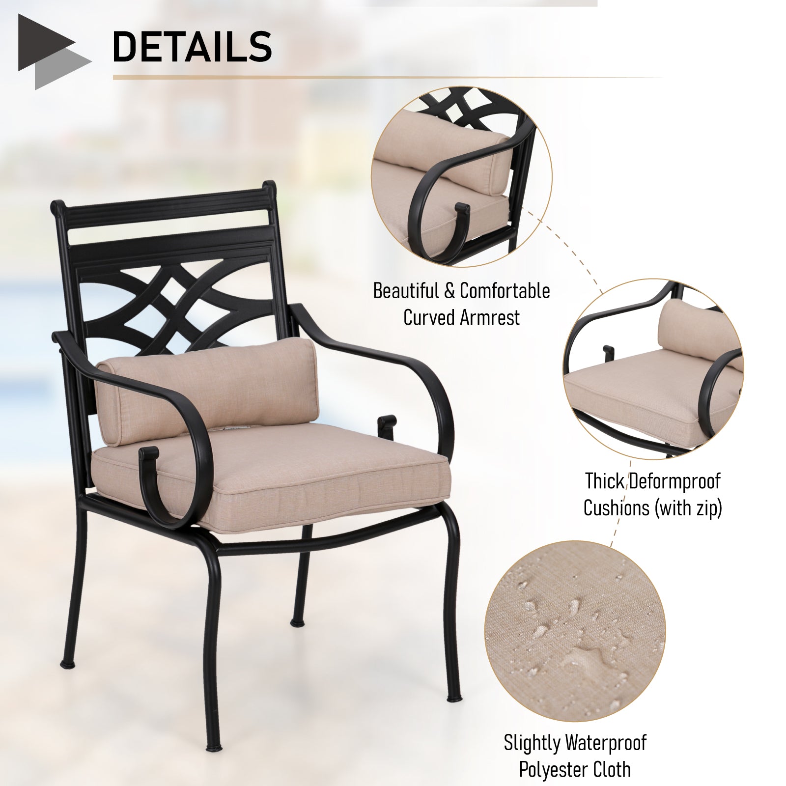 MFSTUDIO 5-Piece Outdoor Dining Set Geometrically Stamped Round Table & Elegant Cast Iron Pattern Dining Chairs