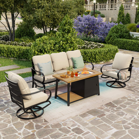 PHI VILLA 5-Seat Thick-cushion Classic Patio Conversation Sets with Wood-pattern Fire Pit Table