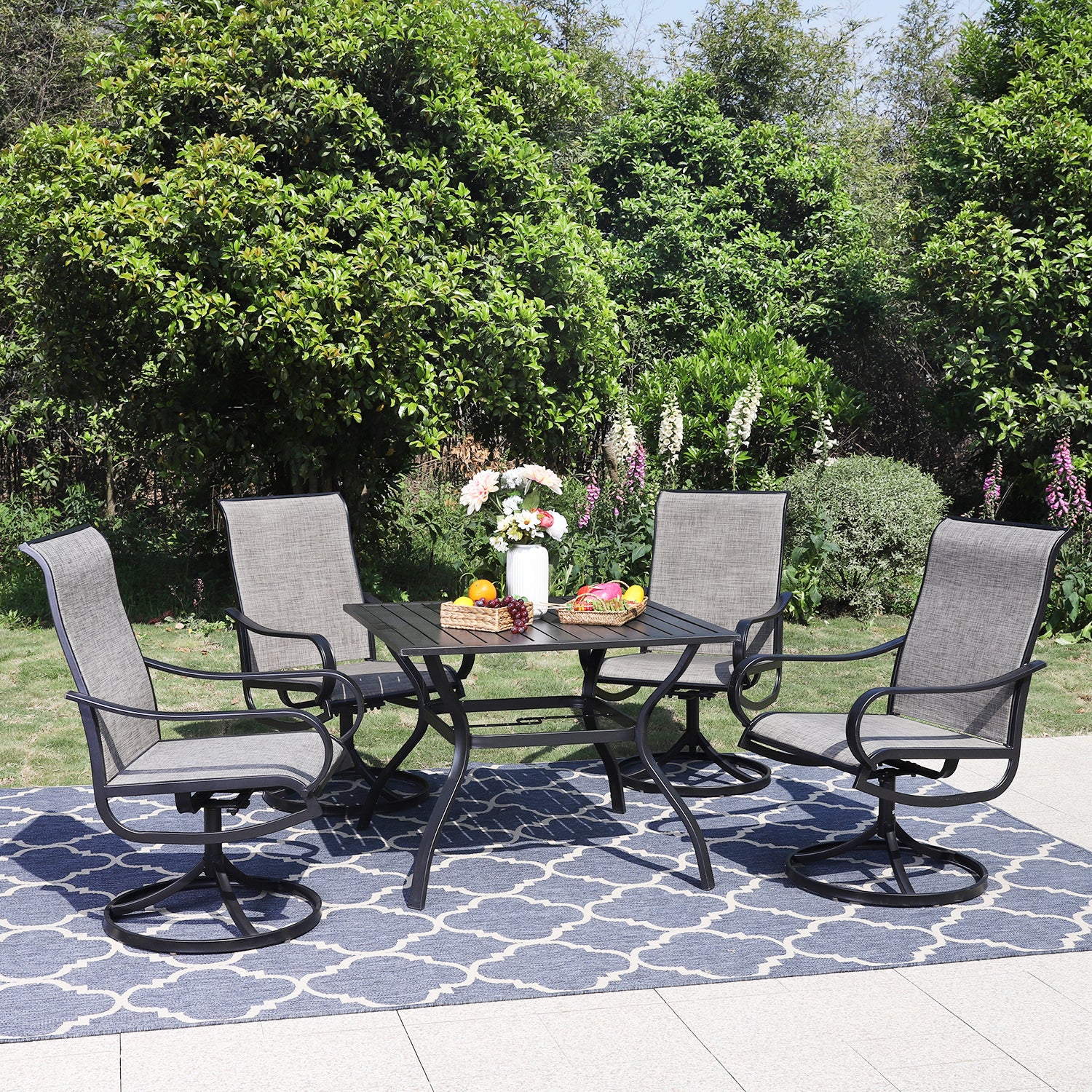 PHI VILLA 5-Piece  Steel Square Table & Textilene Swivel Chairs Outdoor Patio Dining Set