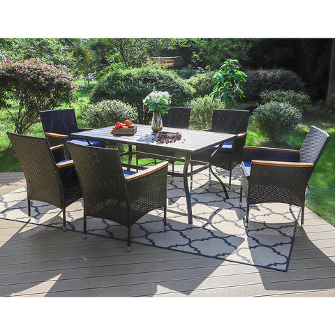 PHI VILLA Steel Rectangle Table & 6 Rattan Cushioned Dining Chairs 7-Piece Outdoor Dining Set