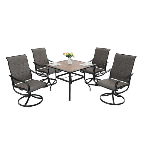 PHI VILLA Wood-look Table & 4 Textilene Swivel Chairs5-Piece Outdoor Patio Dining Set