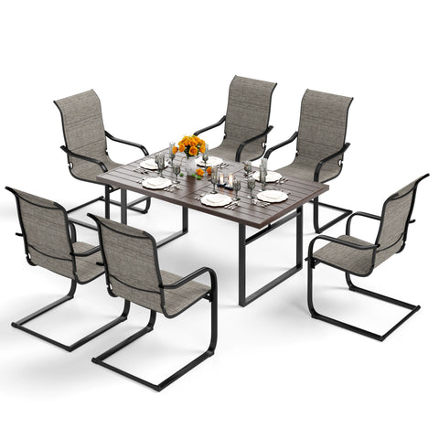 MFSTUDIO 7-Piece Patio Dining Set Wood-grain U-shaped-leg Table & Padded Textilene C-spring Chairs