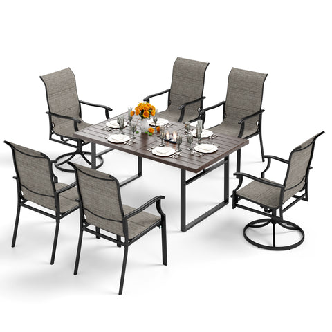 PHI VILLA 7-Piece Patio Dining Sets Wood-grain Pattern U-shaped-leg Table & High-back Padded Textilene Chairs