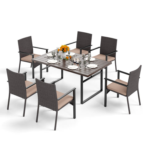 MFSTUDIO 7-Piece Patio Dining Set Wood-grain U-shaped-leg Table & Beige-cushion Rattan Fixed Chairs