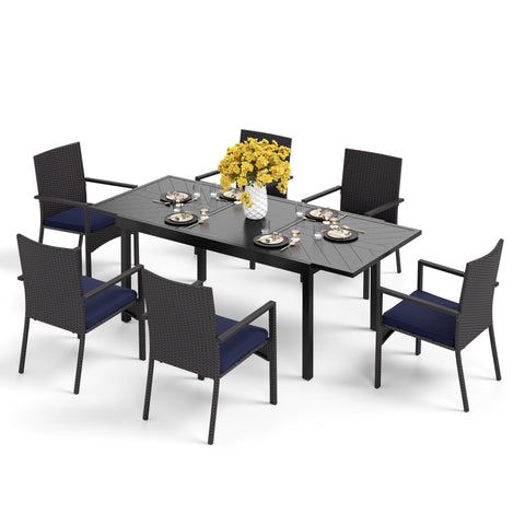 MFSTUDIO 9/7-Piece Patio Dining Sets Extendable Table with Engraved Line & Rattan Cushion Fixed Chairs