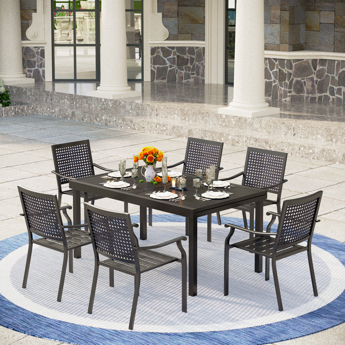 MFSTUDIO 9/7-Piece Patio Dining Set Line-curved Extendable Table & Fixed Stackable Chairs