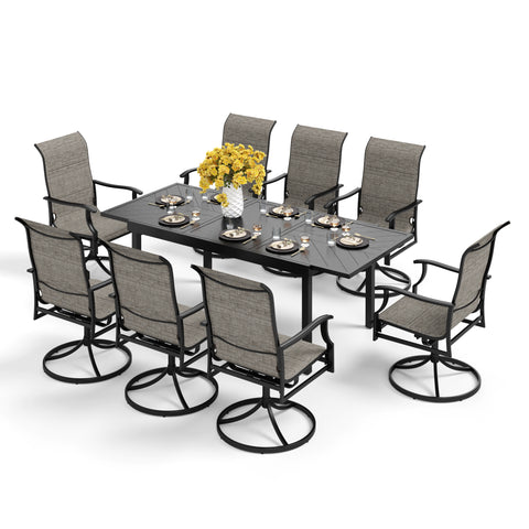 PHI VILLA 9/7-Piece Patio Dining Sets Large Extendable Table with Engraved Line & High-back Textilene Patio Dining Chairs