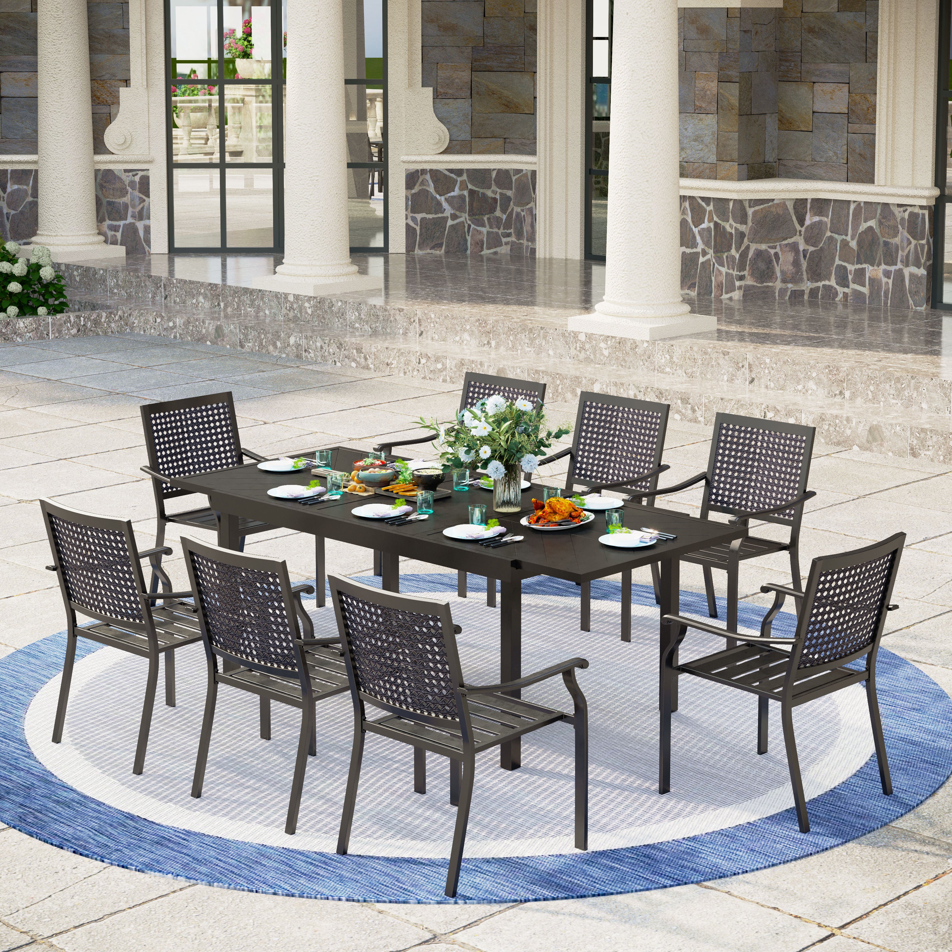 MFSTUDIO 9/7-Piece Patio Dining Set Line-curved Extendable Table & Fixed Stackable Chairs