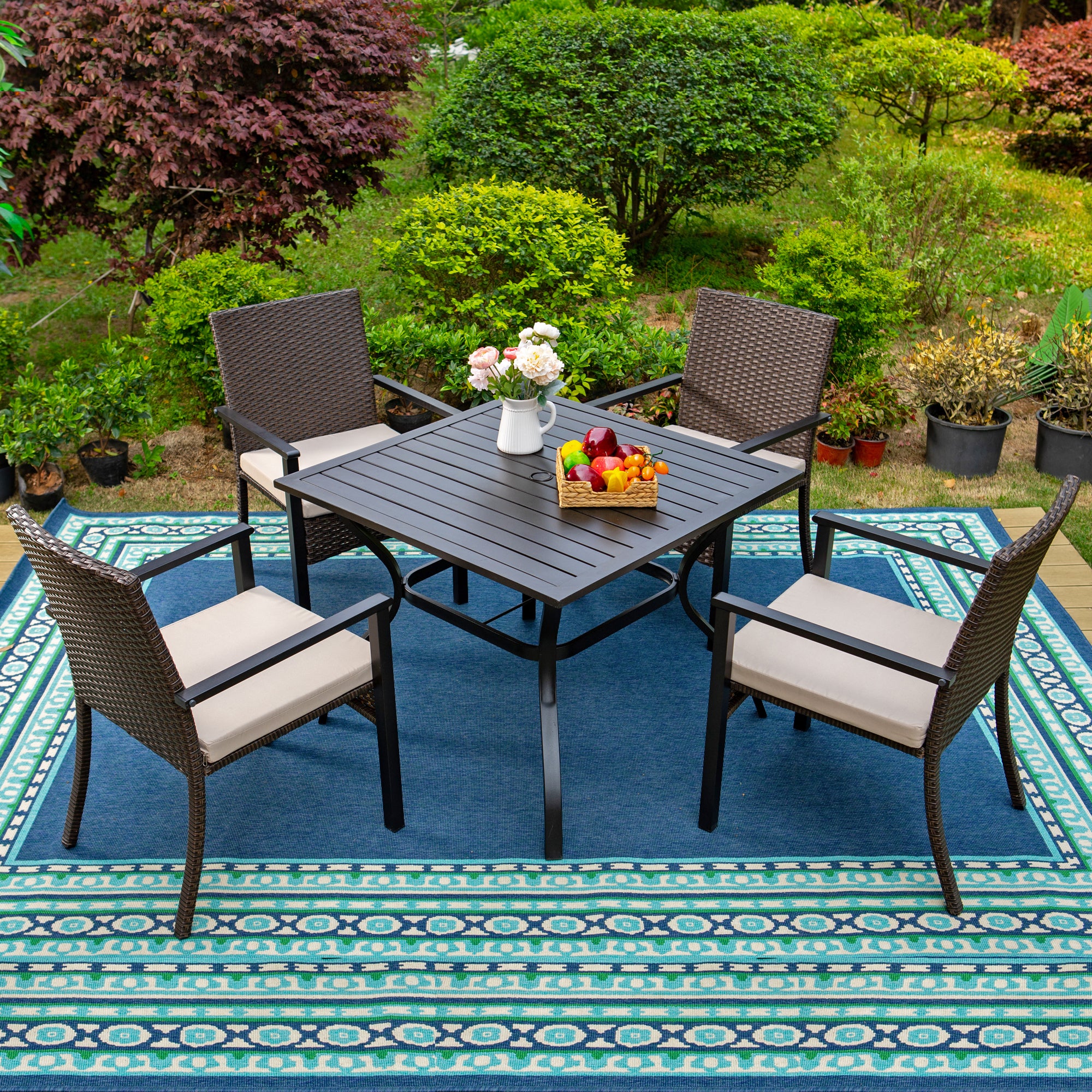 MFSTUDIO 5-Piece Steel Square Table & 4 Rattan Cushion Chairs Outdoor Patio Dining Set
