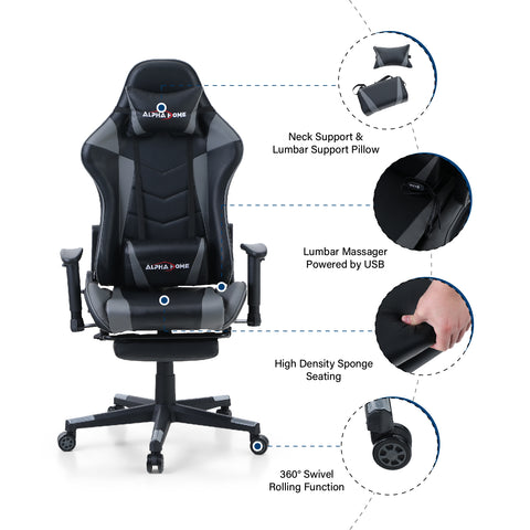 ALPHA HOME Ergonomic Gaming Chair Racing Style with Massage Lumbar Support