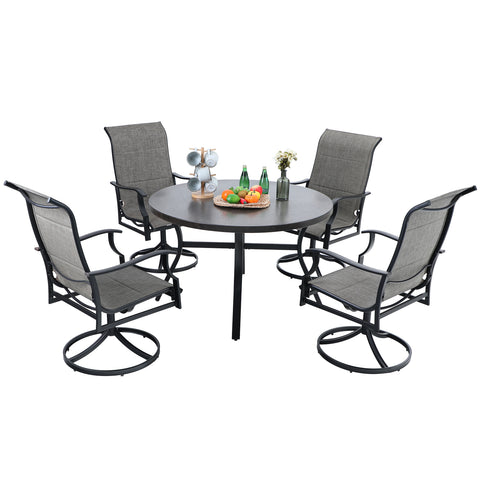 PHI VILLA Wood Pattern Metal Round Table & 4 Textilene Swivel Chairs 5-Piece Outdoor Dining Set