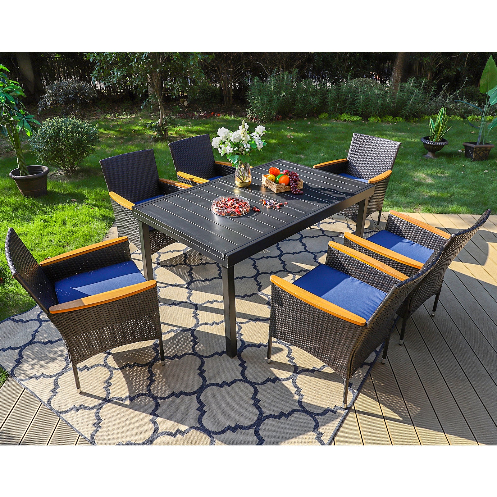 PHI VILLA Rattan Wicker Cushioned Dining Chairs Set with Extendable Table