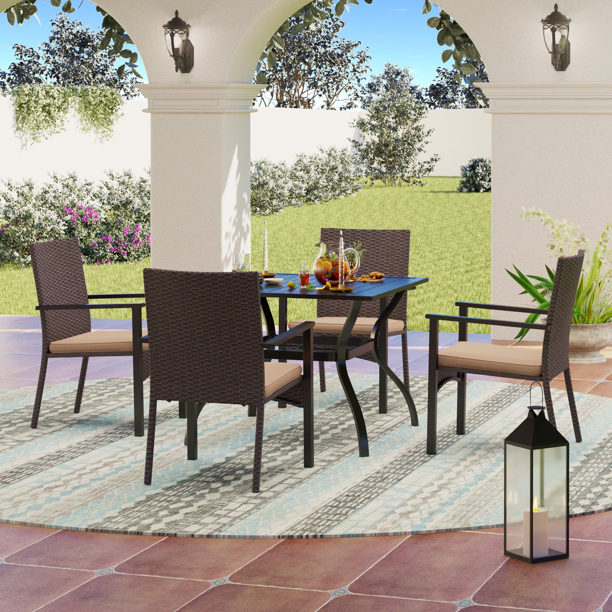 MFSTUDIO 5-Piece Steel Square Table & 4 Rattan Cushion Chairs Outdoor Patio Dining Set