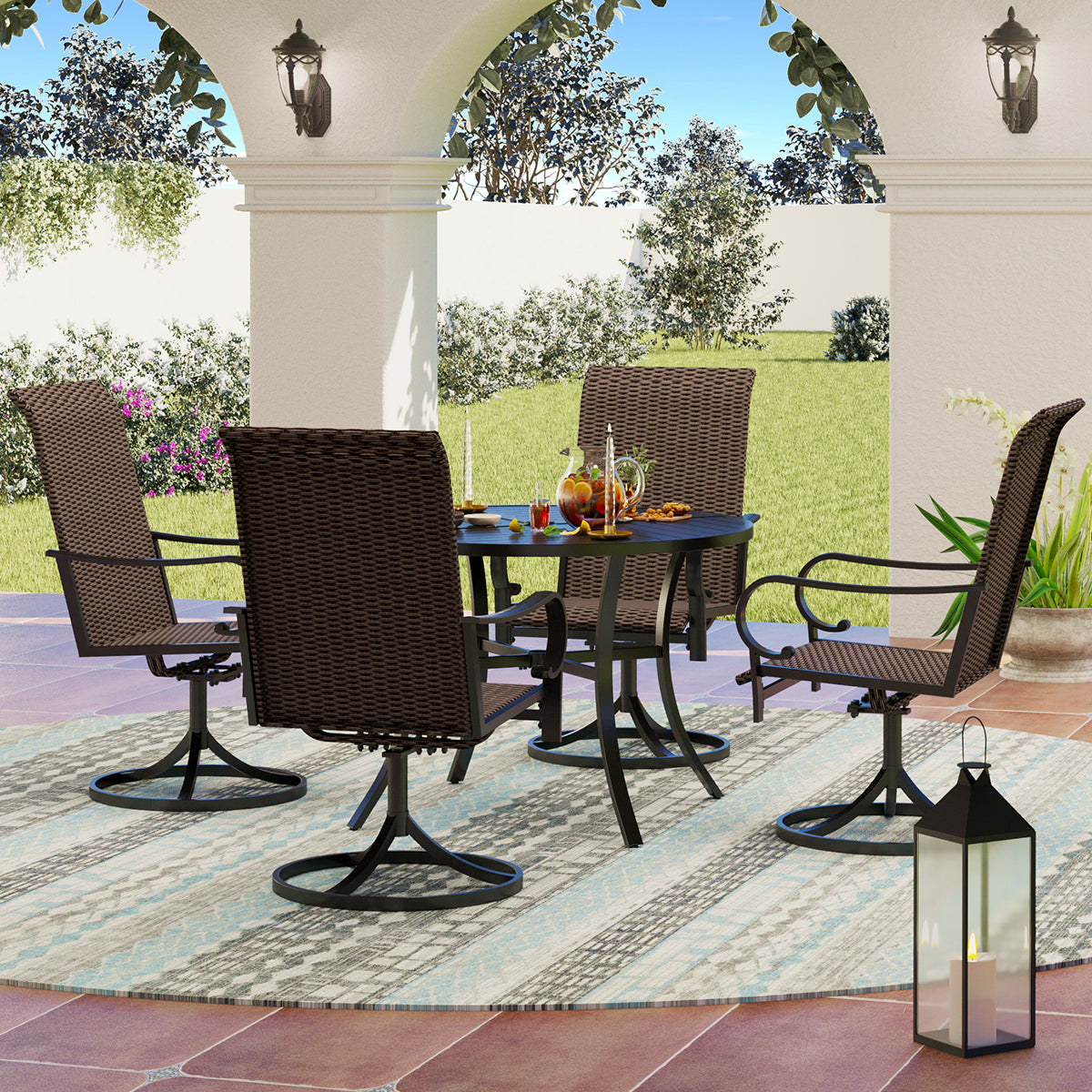 PHI VILLA 5-Piece Geometrically Stamped Round Table & Rattan Swivel Chairs Outdoor Dining Set