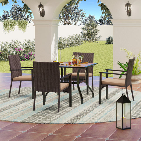 MFSTUDIO 5-Piece Wood-look Square Table & 4 Rattan Cushion Chairs Outdoor Patio Dining Set