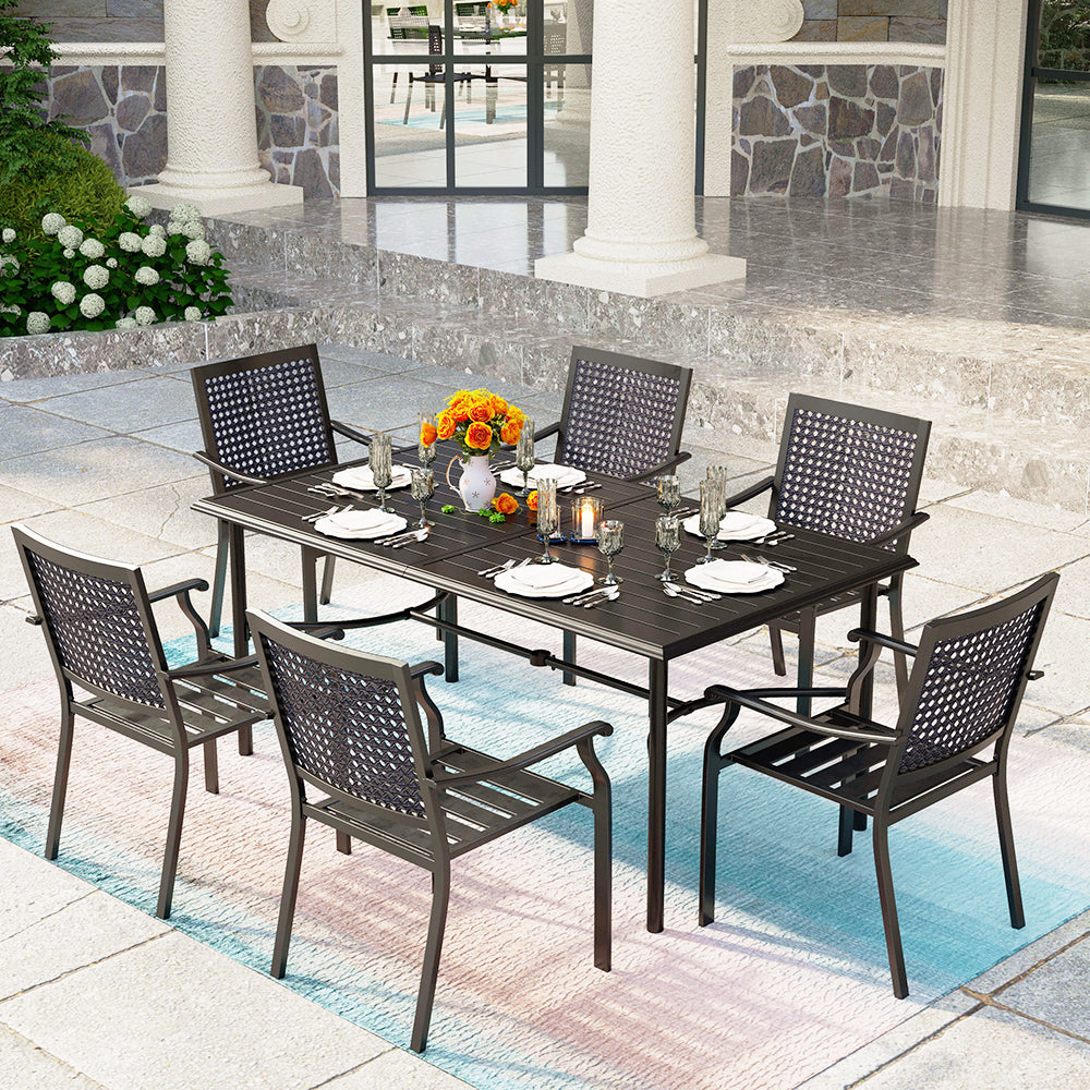 MFSTUDIO 7-Piece Patio Dining Set Bow-bar Table & Bulleyes Pattern Stackable Steel Chairs