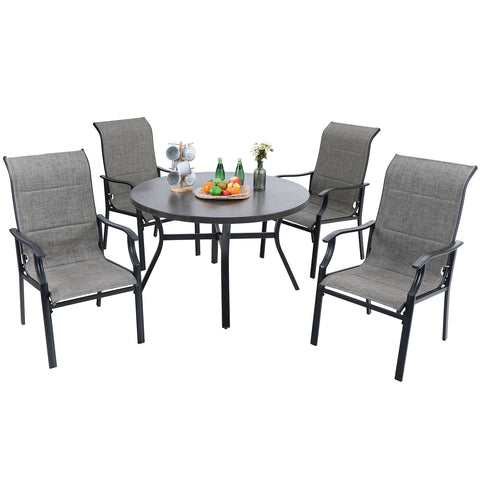 PHI VILLA Wood-look Pattern Metal Round Table & 4 Textilene Dining Chairs 5-Piece Outdoor Dining Set