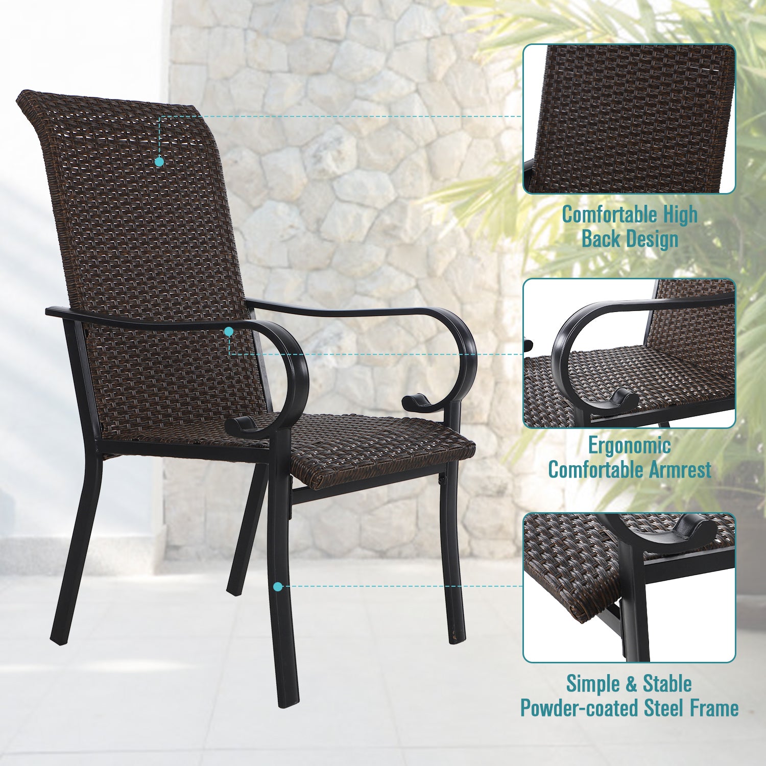 PHI VILLA 7-Piece Patio Dining Set Bowed-bar Table & High-back Rattan Chairs