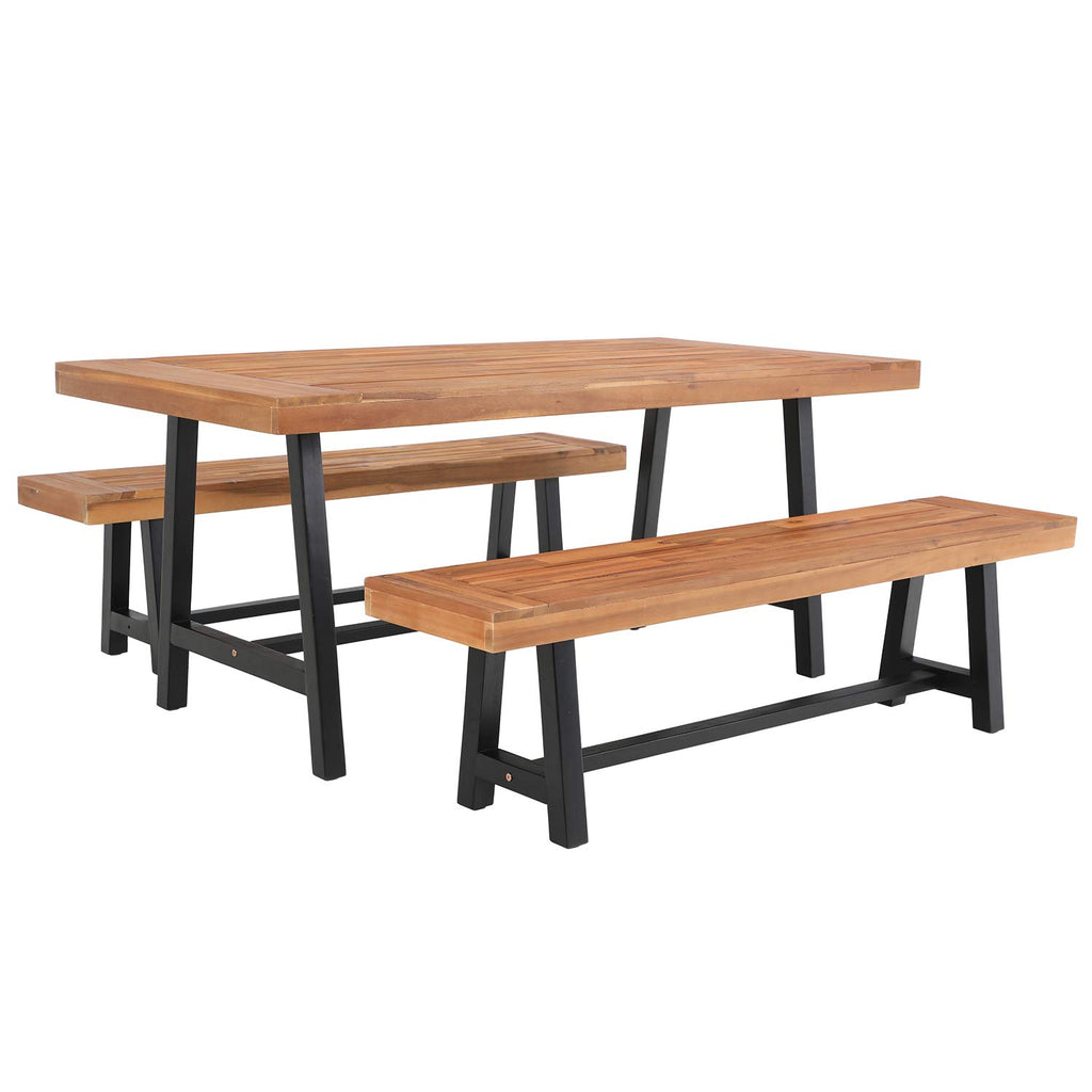 Acacia Wood Bench Dining Set, Modern Outdoor Dining FurniturePhi Villa