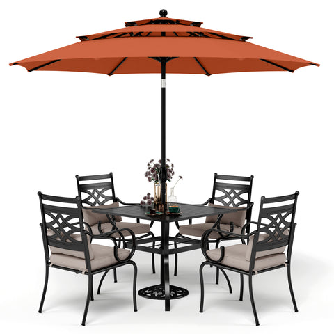 MFSTUDIO 6-Piece Outdoor Dining Set with Umbrella Steel Square Table & Elegant Cast Iron Pattern Dining Chairs