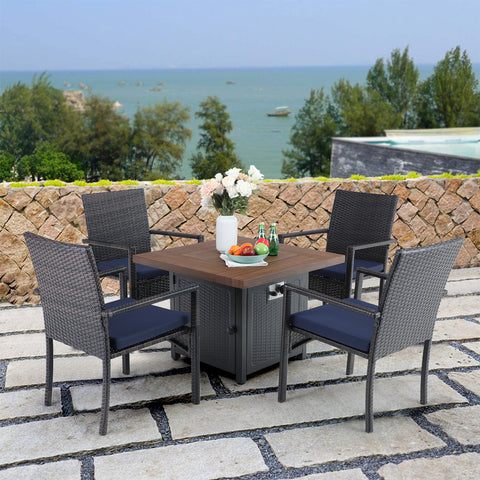 PHI VILLA 5-Piece Patio Dining Set Gas Fire Pit Wood-look Table 50,000 BTU & 4 Rattan Cushioned Chairs