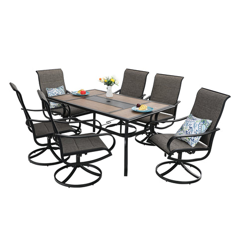 PHI VILLA Geometric Table and 6 Textilene Swivel Chairs 7-Piece Metal Outdoor Dining Set