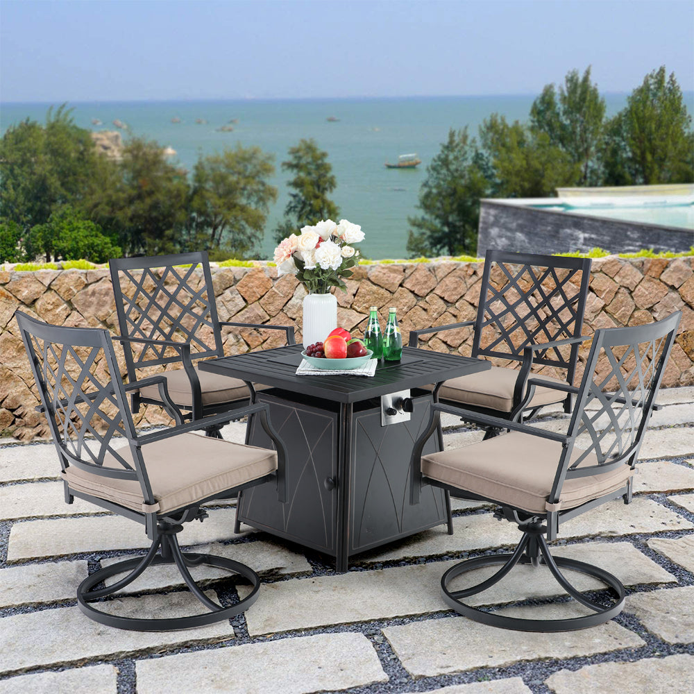PHI VILLA 5-Piece Gas Fire Pit Table Outdoor Patio Dining Set with 4 Swivel Cushioned Chairs