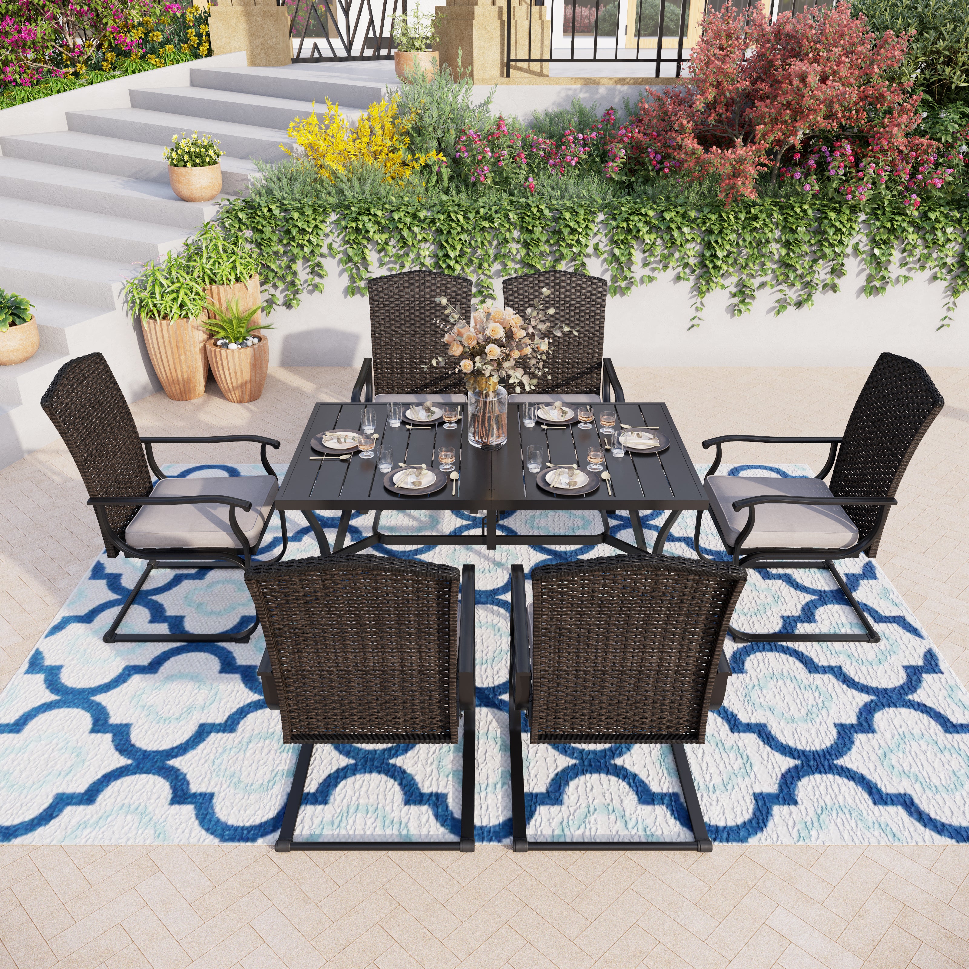 Sophia & William 7-Piece Patio Dining Set Steel Panel Table & Fan-Shape Backrest Cushioned Rattan C-Spring Chairs