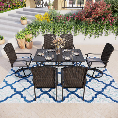 Sophia & William 7-Piece Patio Dining Set Steel Panel Table & Fan-shape Rattan Back Cushioned Dining Chairs