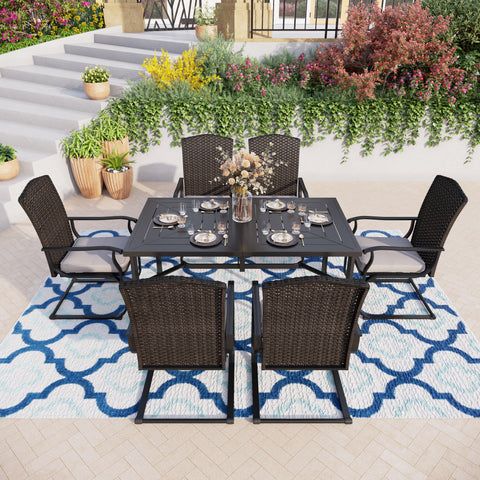 Sophia & William 7-Piece Patio Dining Set Fan-shape Rattan Back C-spring Chairs & Rectangle Geometrically Stamped Table
