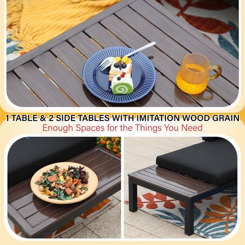 PHI VILLA Wood-grain Element Patio Conversation Set with Black Cushions