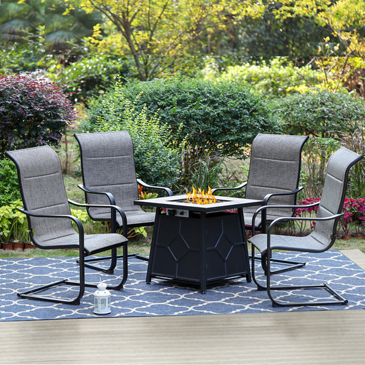 MFSTUDIO 5-Piece Gas Fire Pit Table Set 28" TerraFab Table & 4 Padded Textilene C-spring Chairs