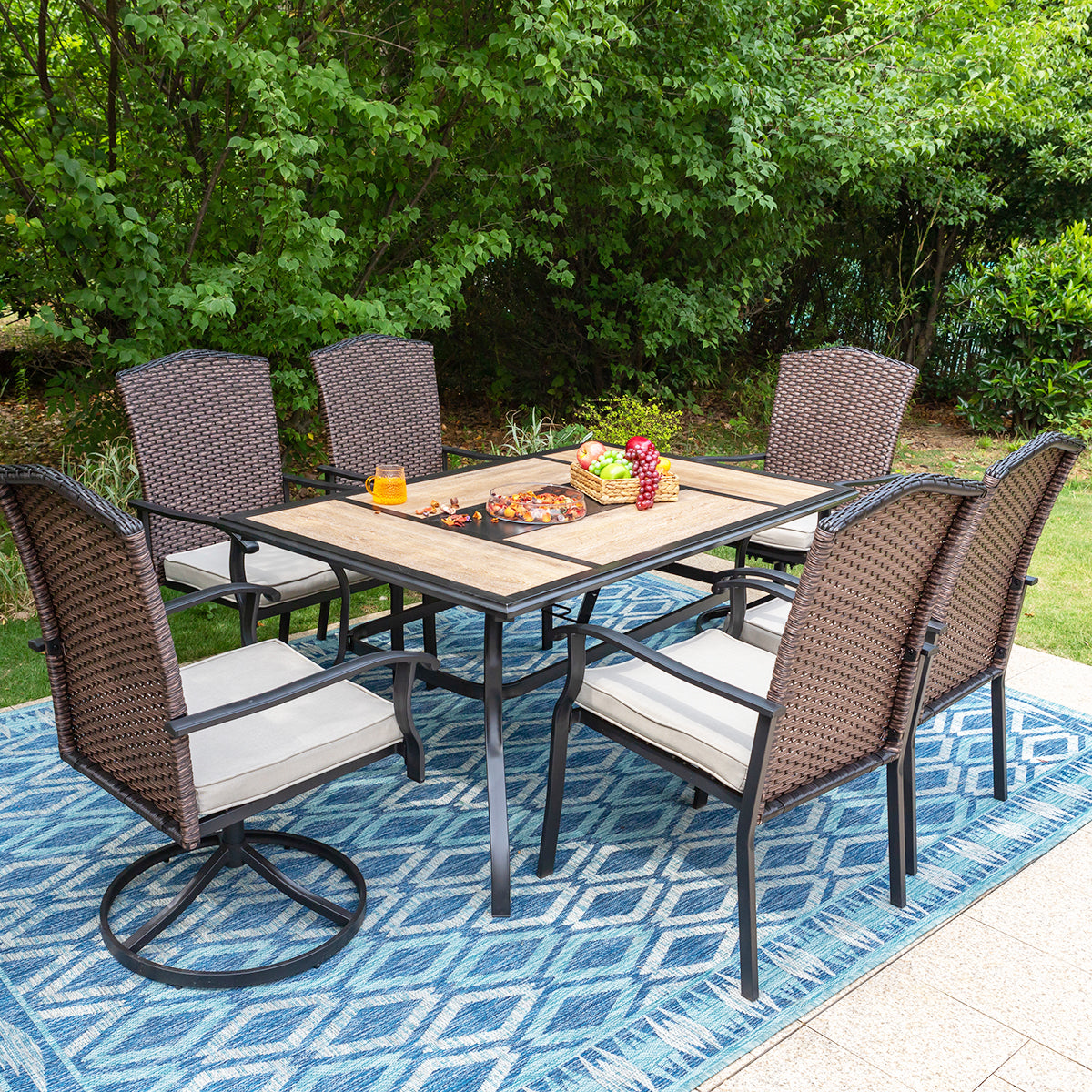 Sophia & William 7-Piece Patio Dining Set Wood-look Stitching Geometric Patterns Table & Rattan Chairs