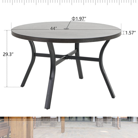 PHI VILLA Wood Pattern Metal Round Table & 4 Textilene Swivel Chairs 5-Piece Outdoor Dining Set