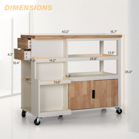 PHI VILLA Rubber Wood Tabletop Kitchen Island Cart with Side Drawers and Shelves, Warm White