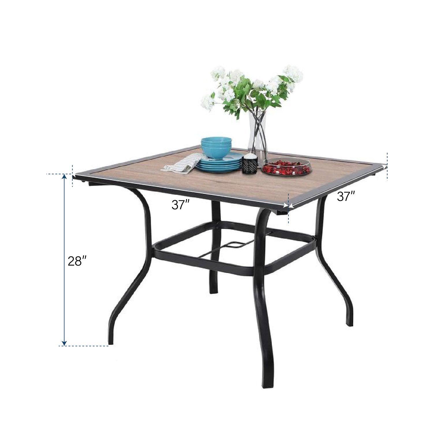 MFSTUDIO 5-Piece Wood-look Square Table & Simple Aluminum Textilene Fixed Chairs Patio Dining Set