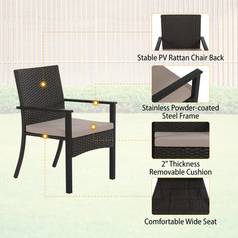 MFSTUDIO 7-Piece Patio Dining Set Wood-grain U-shaped-leg Table & Beige-cushion Rattan Fixed Chairs