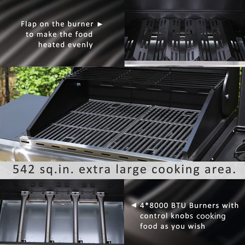 Captiva Designs Outdoor Propane Gas BBQ Grill with 4 Burners & an Extra Side Burner