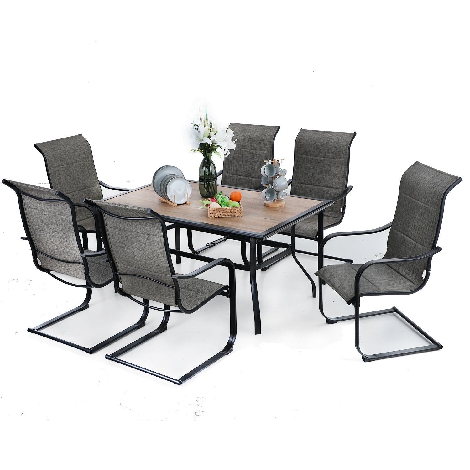 MFSTUDIO Wood-look Rectangle Table & 6 Textilene C-spring Chairs 7-Piece Outdoor Dining Set