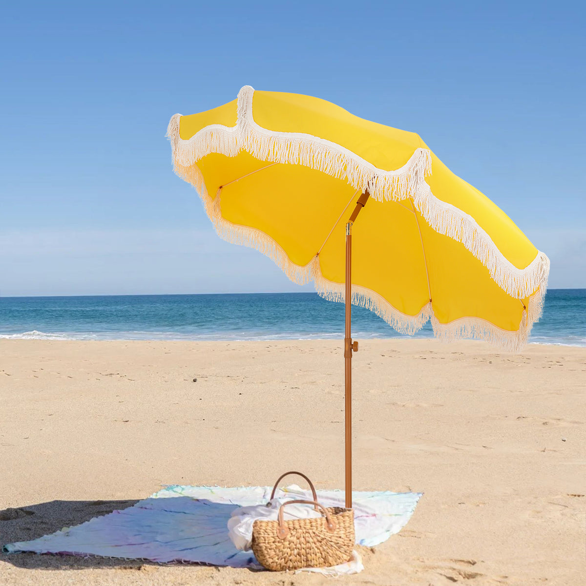 PHI VILLA 7ft Auto-Tilt Beach Tassel Umbrella with handy carry bags