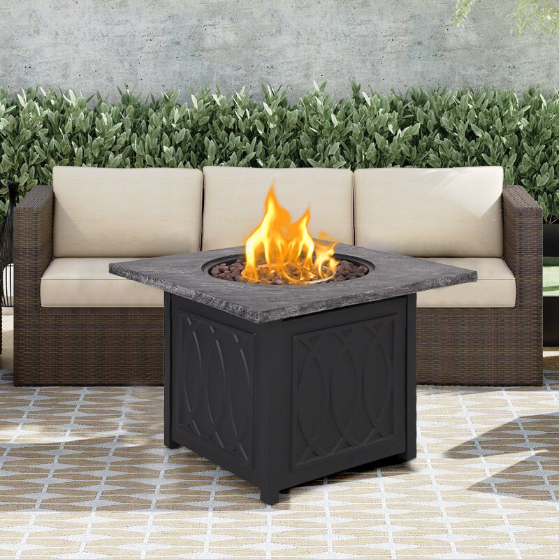 PHI VILLA 32 inch, 50,000 BTU Square Outdoor TerraFab Gas Fire Pit Table with Lid, Lava Rocks, Touch-up Pen and PVC Cover