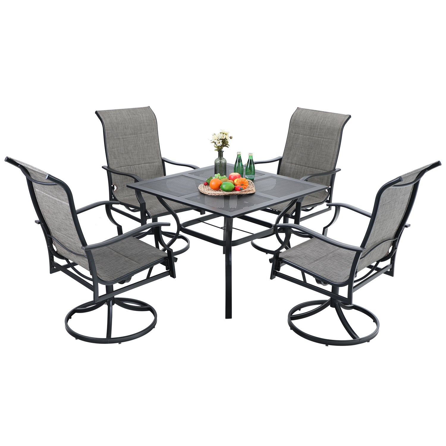 PHI VILLA Mesh Square Table and 4 Textilene Swivel Chairs 5-Piece Outdoor Dining Set