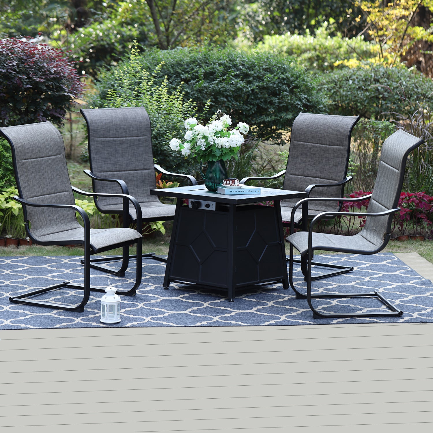 MFSTUDIO 5-Piece Gas Fire Pit Table Set 28" TerraFab Table & 4 Padded Textilene C-spring Chairs