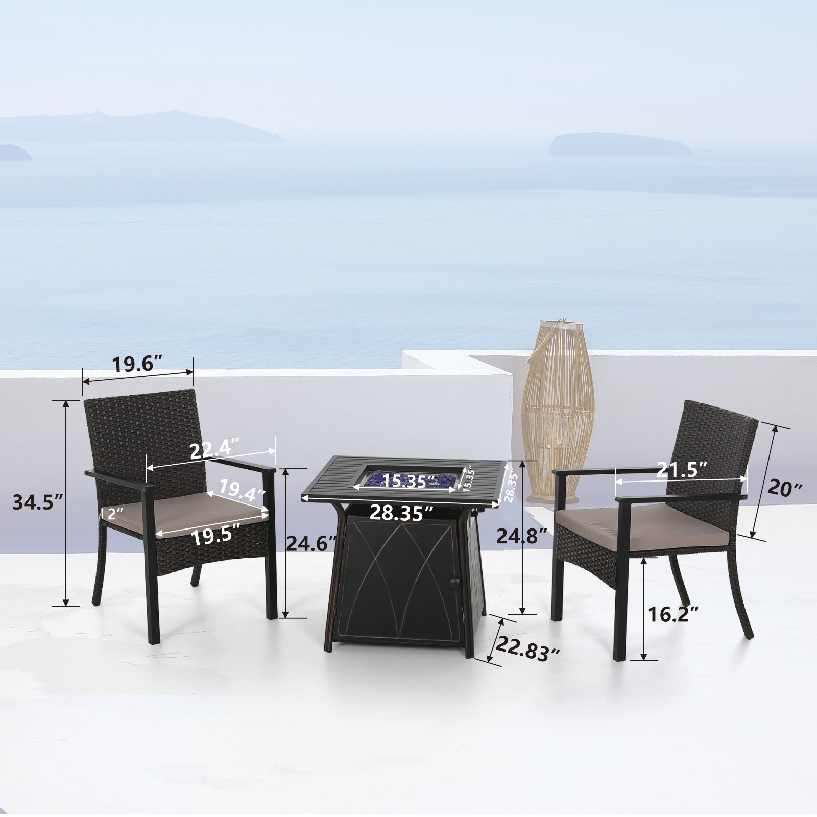 MFSTUDIO Patio Bistro Set 28" Square Steel Fire Pit Table & PE Rattan Cushioned Dining Chairs